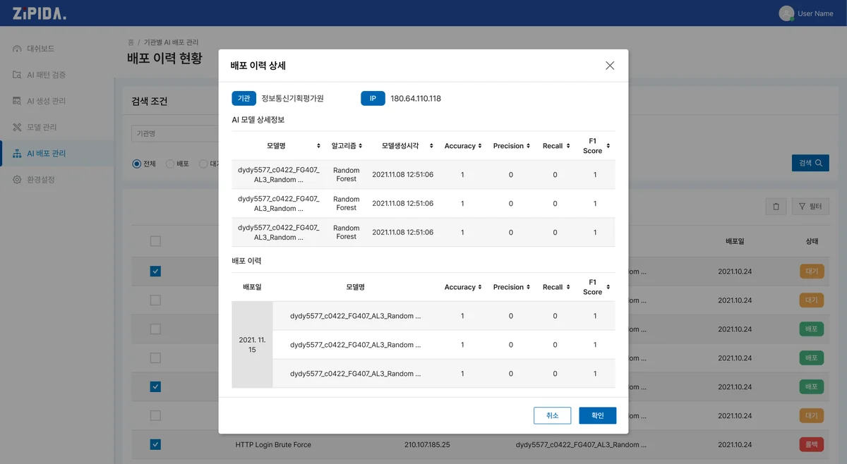 ZAIN deployment management: model deployment history with accuracy, precision, recall and F1 scores (interface in Korean)