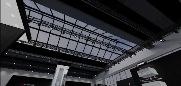 The glass roof and lighting truss of the 3D showroom
